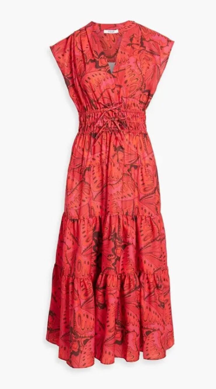 Derek Lam Fatima Tiered Printed Satin-Crepe Midi Dress size 0